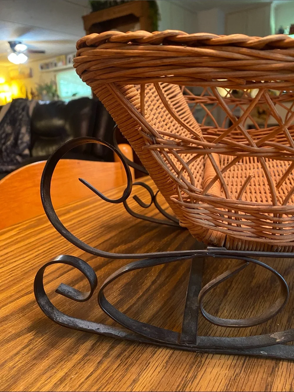 Wicker Sleigh Basket with Black Metal Runners - Natural Brown